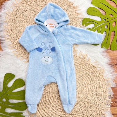 Macacão de Pelinho com Capuz Girafinha - Azul Bebê